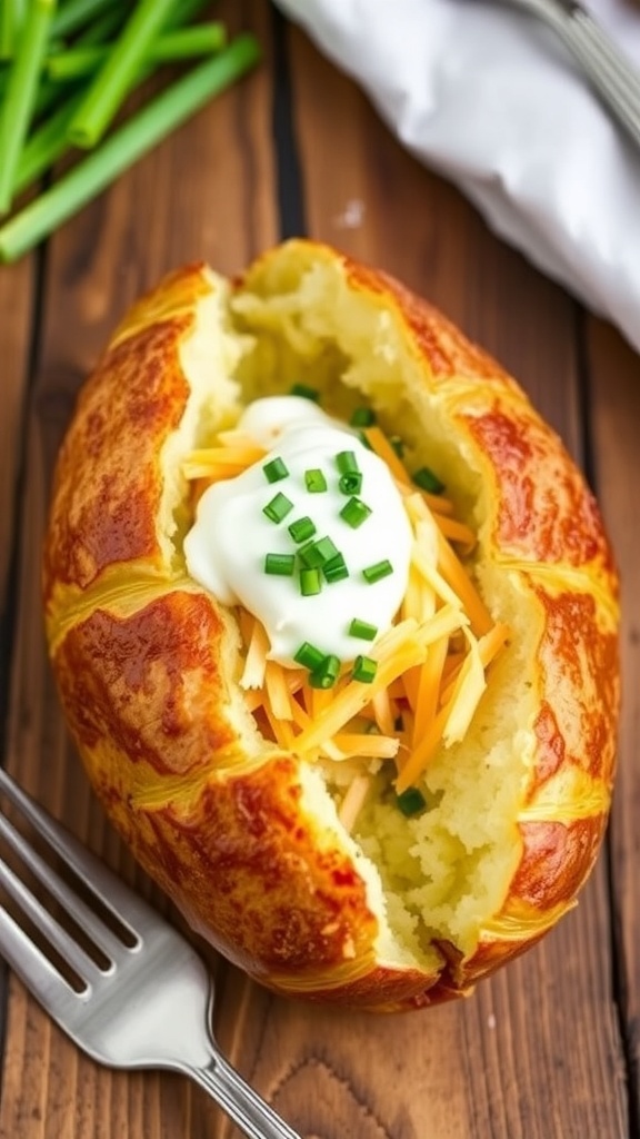 A crispy air fryer baked potato topped with sour cream, cheese, and chives on a wooden table.